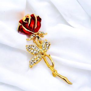 Single Enameled Rose Brooch w/Rhinestones